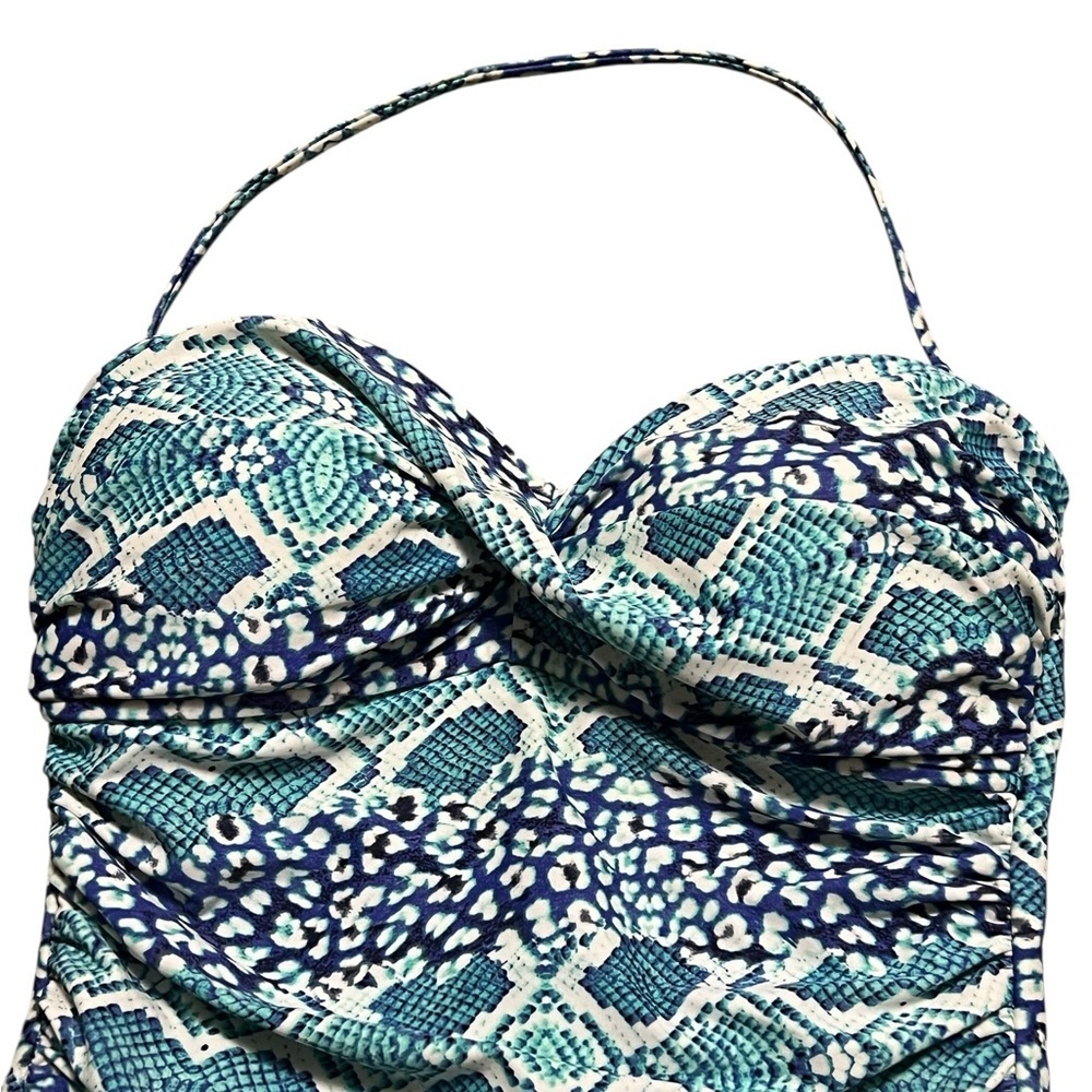 La Blanca one piece goddess v-neck snake print ruched bathing suit blue teal - Picture 3 of 9